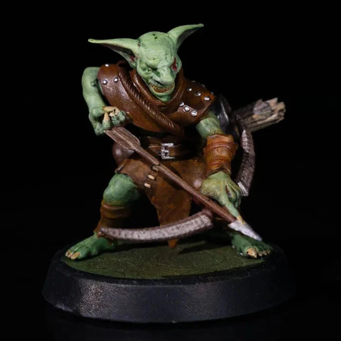 Arquero Goblin en miniatura, impreso en resina, de perfil frontal