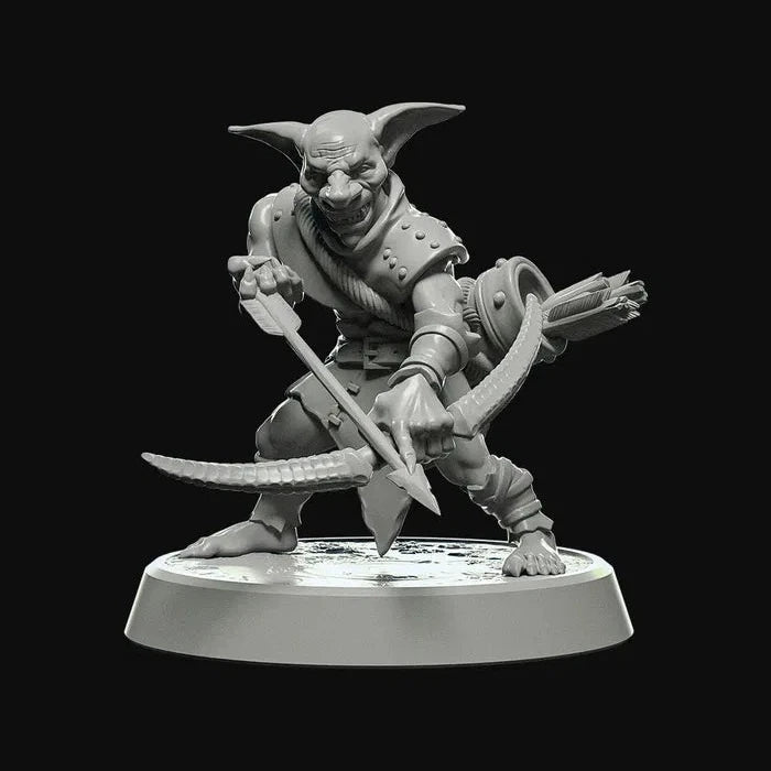 Arquero Goblin sosteniendo un arco, miniatura sin pintar en base gris