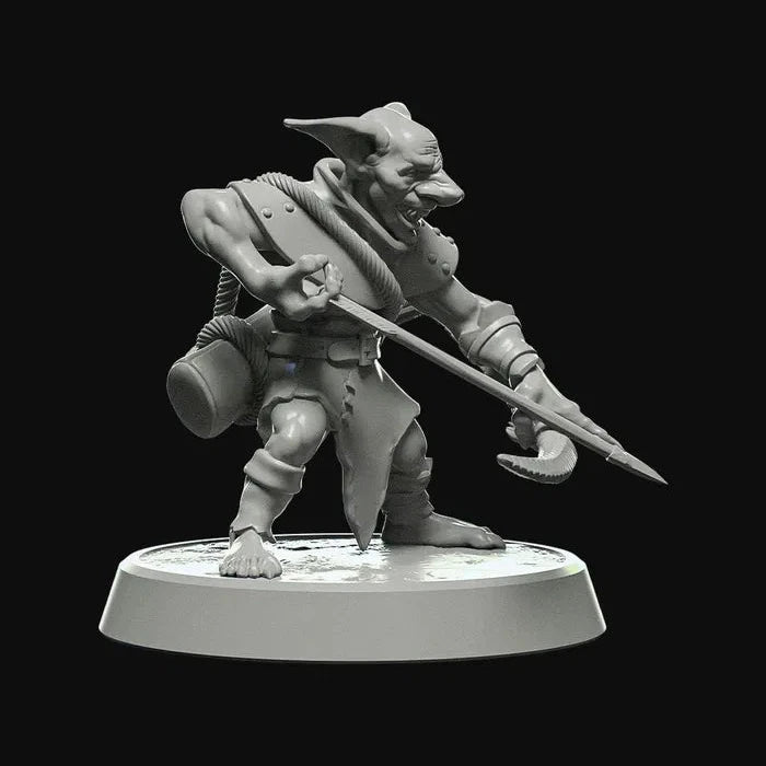 Arquero Goblin sosteniendo un arco, miniatura sin pintar en base gris