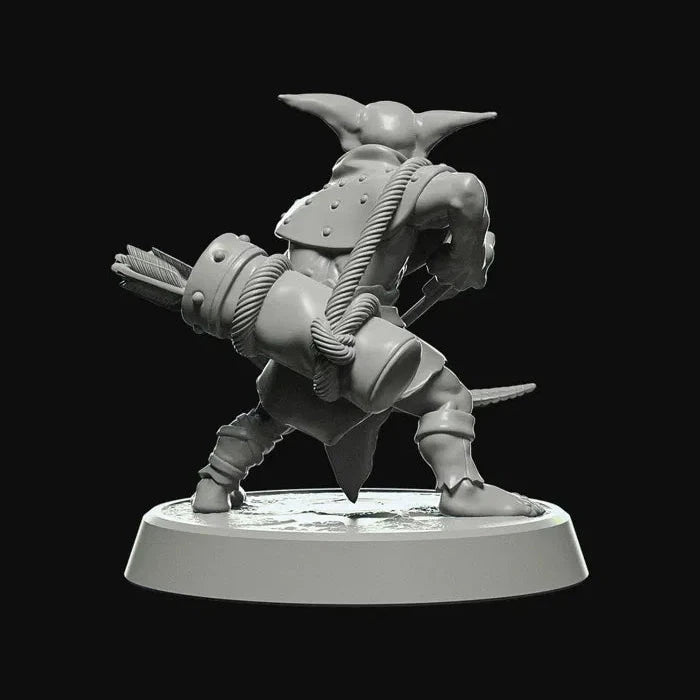 Arquero Goblin sosteniendo un arco, miniatura sin pintar en base gris